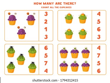 Count all Halloween cupcakes and circle right answer. Math game for kids. Educational printable worksheet.