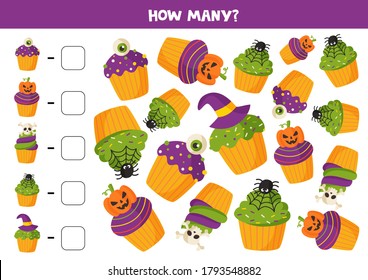 Count all Halloween cupcakes and write down answers. Math game for kids. Educational printable worksheet.