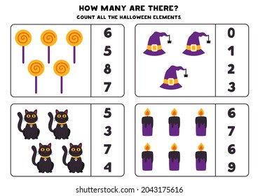 Cuente todos los elementos de Halloween y rodee las respuestas correctas. Juego de matemáticas para niños.