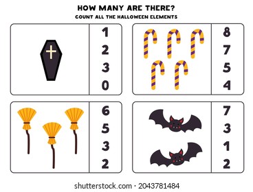 Count all Halloween elements and circle the correct answers. Math game for kids.