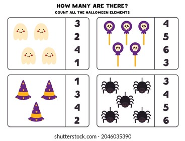 Count all Halloween elements and circle the correct answers. Math game for kids.