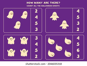 Cuenta todos los fantasmas de Halloween y da vueltas a las respuestas correctas. Juego de matemáticas para niños.