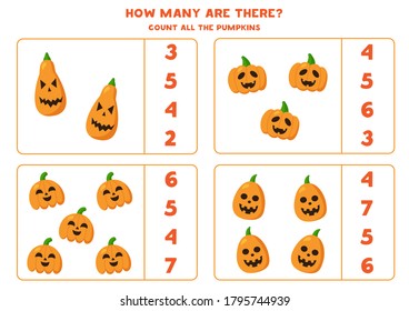 Count all Halloween pumpkins. Math game with Jack o Lantern for kids. Educational game for preschoolers.