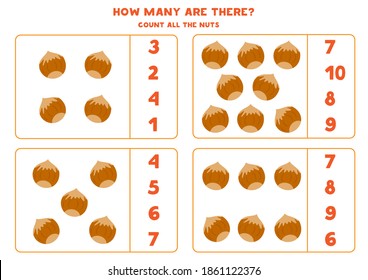 Count all hazelnuts. Educational math game for kids. 