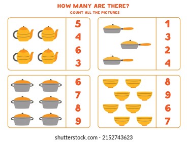 Count all kitchen utensils and circle the correct answers. 