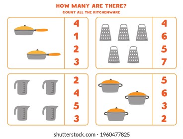 Count all kitchen utensils and write the number into box. Math game for kids.