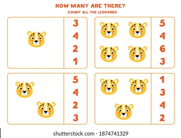 Zählen Sie alle Leoparden und kreisen Sie die richtige Antwort. Erziehungsmathematik für Kinder.