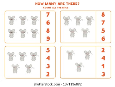 Zähle alle Mäuse und kreise die richtige Antwort. Mathe-Spiel für Vorschulkinder.