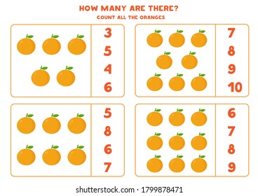 Count all oranges and circle right answer. Educational math game for kids. Printable worksheet.