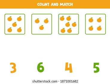 Count all oranges and match with correct answer. Educational math game for kids.