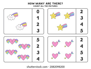 Count all the pictures and circle the correct answers. Worksheet for girls.