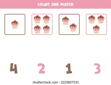 Count all pink cupcakes and match with the correct number.