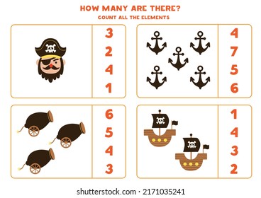 Count all pirate elements and circle the correct answers. 