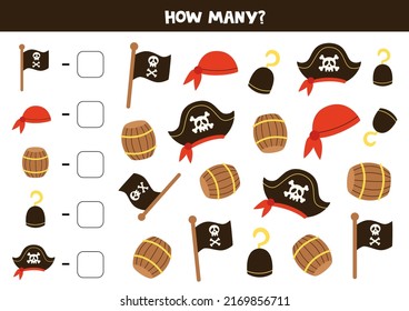 Count all pirate elements and write the number into box. Math game for kids.