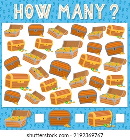 Count all pirate elements and write the number into box. Math game for kids. Cartoon vector image