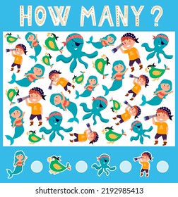 Count all pirate elements and write the number into box. Math game for kids. Vector game
