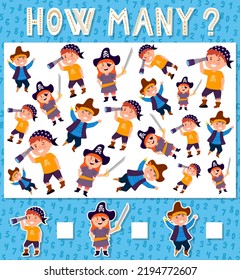 Count all pirate elements and write the number into box. Math game for kids. Funny characters