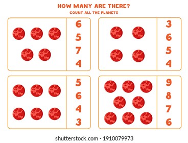Count all planets Mars and write the correct number into box. Counting game for kids.