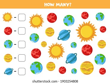 Cuente todos los planetas del sistema solar y ajuste el número correcto en caja. Espio juegos para niños.