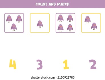 Count all purple birds and match with the correct number.