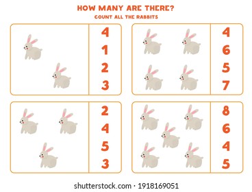 Cuente todos los conejos y rodee las respuestas correctas. Juego de matemáticas para niños.