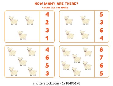 Count all rams and circle the correct answers. Math game for kids.