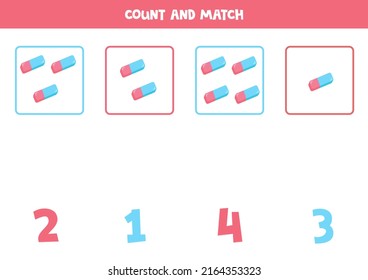 Count all rubber erasers and match with the correct number.