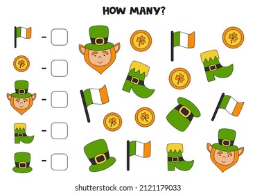 Count all Saint Patrick day elements and write the number into box. Math game for kids.