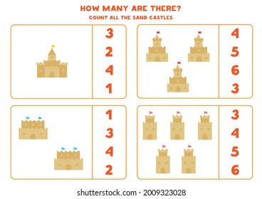 Cuente todos los castillos de arena y rodee las respuestas correctas. Juego de matemáticas para niños.