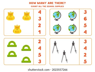 Count all school supplies and circle the correct answers. Math game for kids.