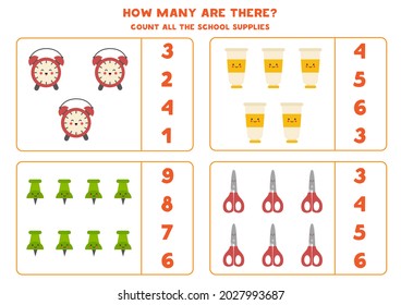 Count all school supplies and circle the correct answers. Math game for kids.