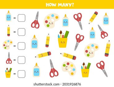 Count all school supplies and write the number into box. Math game for kids.