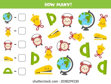 Count all school supplies and write the number into box. Math game for kids.