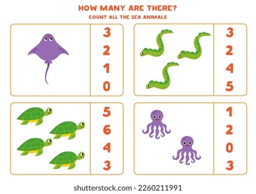 Count all sea animals and circle the correct answers. 