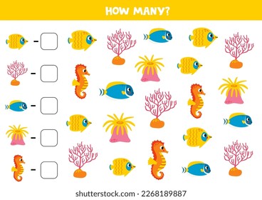 Count all sea fish and write the number into box. Math game for kids.