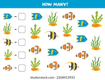 Count all sea fish and write the number into box. Math game for kids.