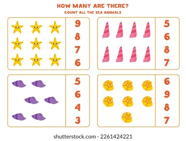 Count all sea shells and circle the correct answers. 
