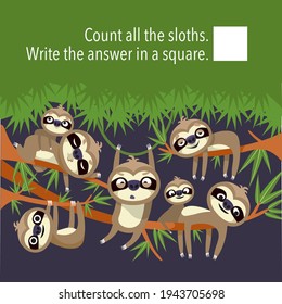 Count all sloths. Write answer in square. Game for children. Vector illustration, full color.