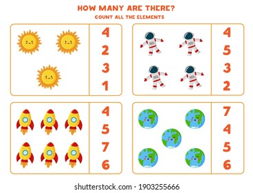 Count all space elements and circle the correct answer. Math game for kids.