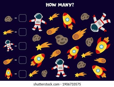 Count all space elements and write the correct number into box. I spy game for kids.