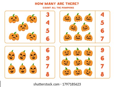 Count all spooky Halloween pumpkins. Math game with Jack o Lantern for kids. Educational game for preschoolers.