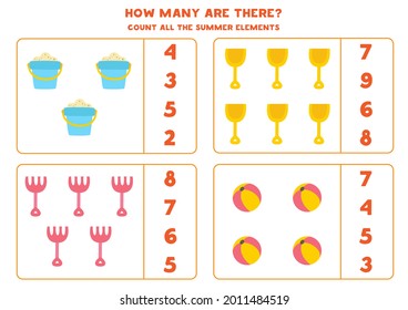 Count all summer elements and circle the correct answers. Math game for kids.