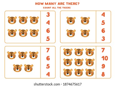 Count all tiger faces and circle the correct answer. Educational math game for kids.