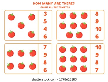 Count all tomatoes and circle right answers. Educational math game for kids. Printable worksheet with vegetables.