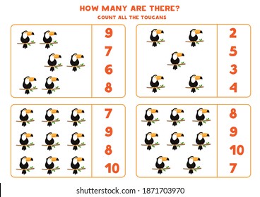 Count all toucans and circle the right answer. Math game for preschool kids.