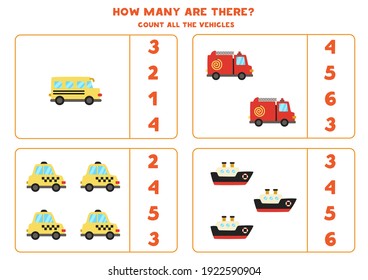 Count all transportation means and circle the right answer. Math game.