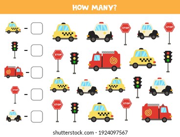 Count all transportation means and write the number into box. Math game.