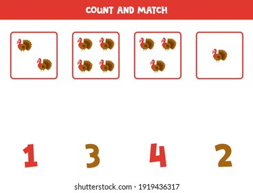 Count all turkeys and match with correct numbers. Math game for kids.