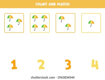 Count all umbrellas and match with right numbers. Math game for kids.