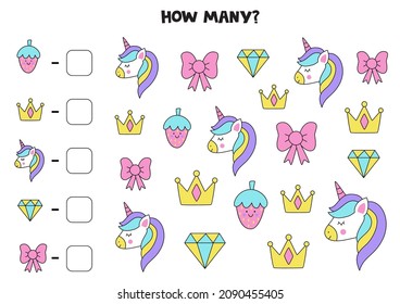 Count All Unicorn Elements And Write The Number Into Box. Math Game For Kids.